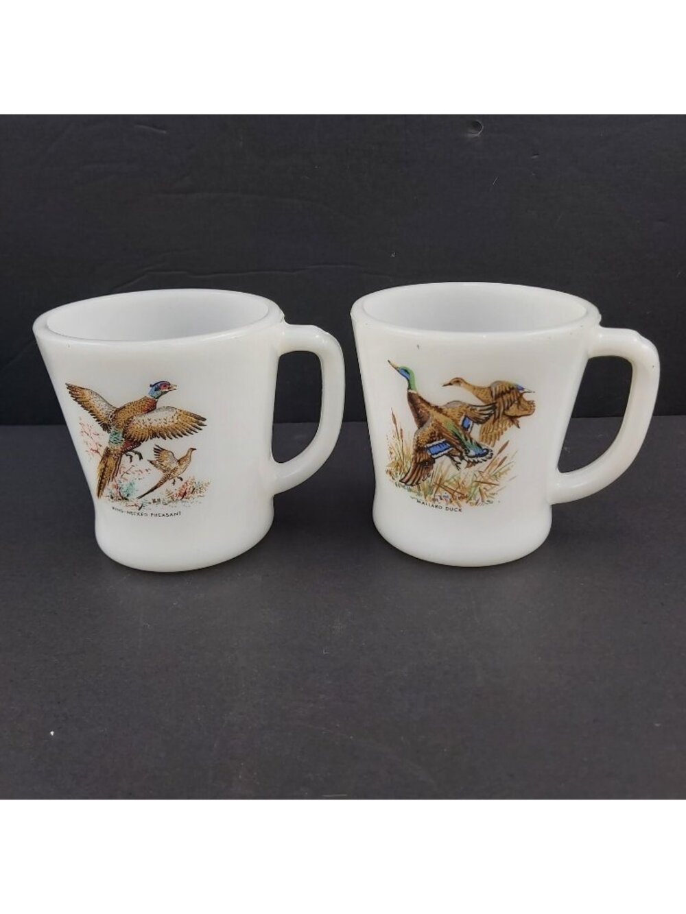 Fire-King Oven Ware D-Handle Game Birds - Milk Glass Coffee Mug Set